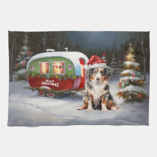 Linge De Cuisine Australian Shepherd Caravan Christmas Adventure (Horizontal)