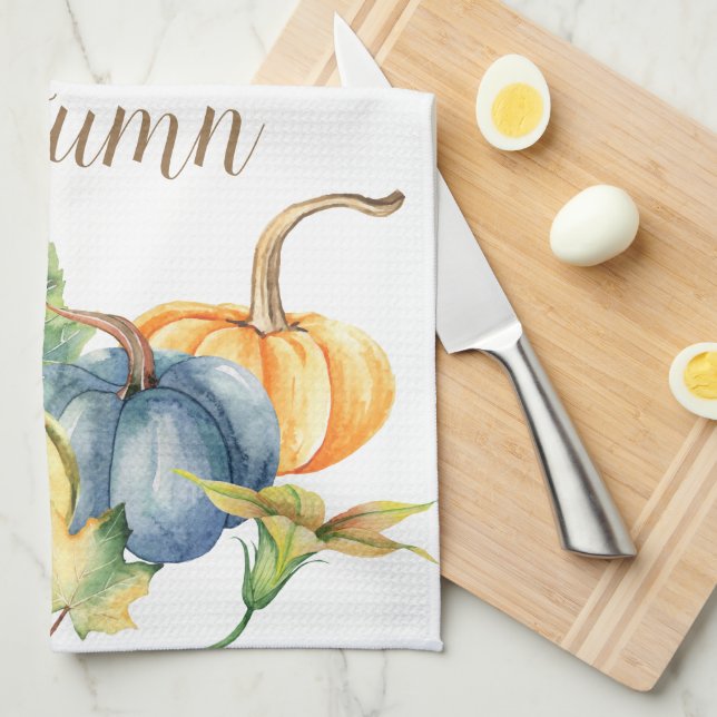 Linge De Cuisine Automne Bleu Blanc Vert Orange Citrouille Aquarell (Quart Plié)