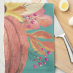 Linge De Cuisine Automne citrouille terre cuite orangée turquoise<br><div class="desc">Arrière - plan turquoise sombre agrémenté d'un citrouille orange terre cuite et de fleurs jaune,  rose et violet pomme.</div>