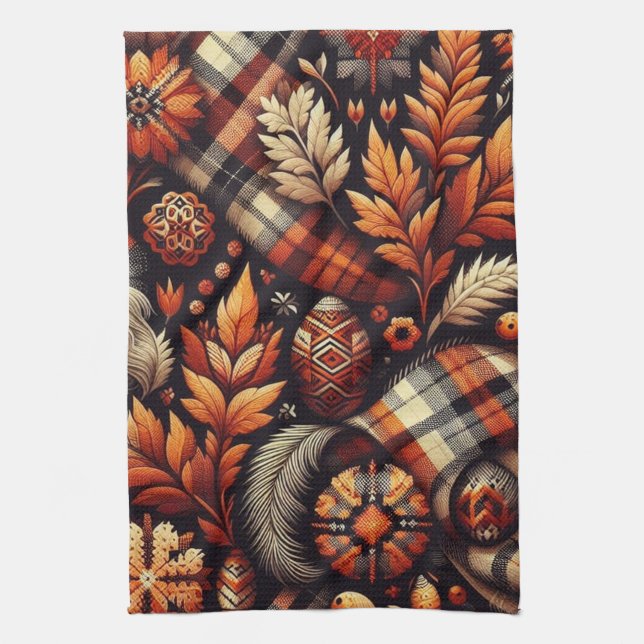 Linge De Cuisine Automne Plaid Feuilles Orange Black Motif (Vertical)