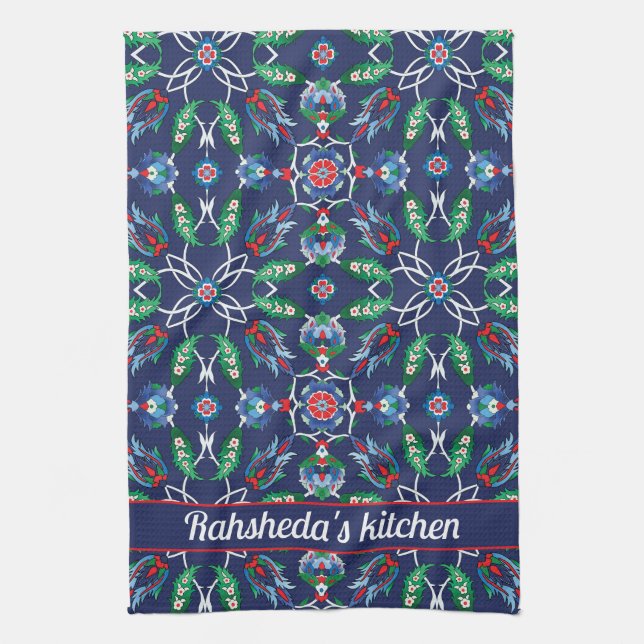 Linge De Cuisine Avec le nom 💙 Beau Bleu Iznik tuiles turques (Vertical)