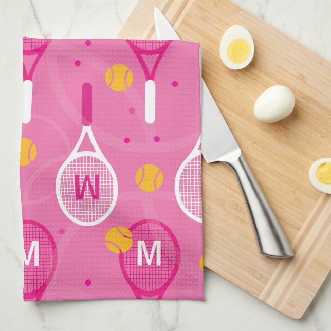 Linge De Cuisine Avec monogramme motif de raquettes de tennis rose  (Quart Plié)