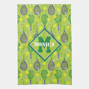Linge De Cuisine Avec nom et initiale, raquette de tennis verte et