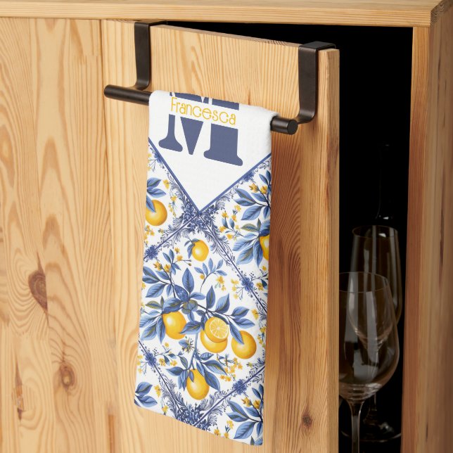 Linge De Cuisine Avec texte et 🍋 initial Lemon Azulejo avec bleu (Pliage en tiers)