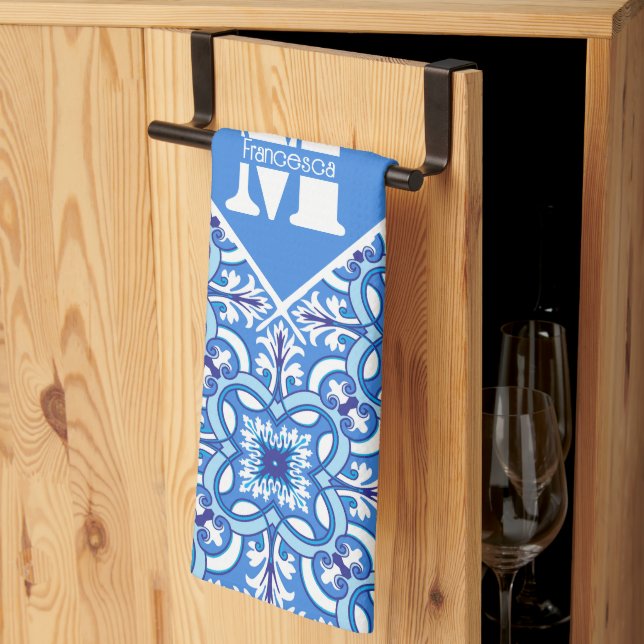 Linge De Cuisine Avec texte et 🤍 initiale 💙 Azulejos blanc et ble (Pliage en tiers)