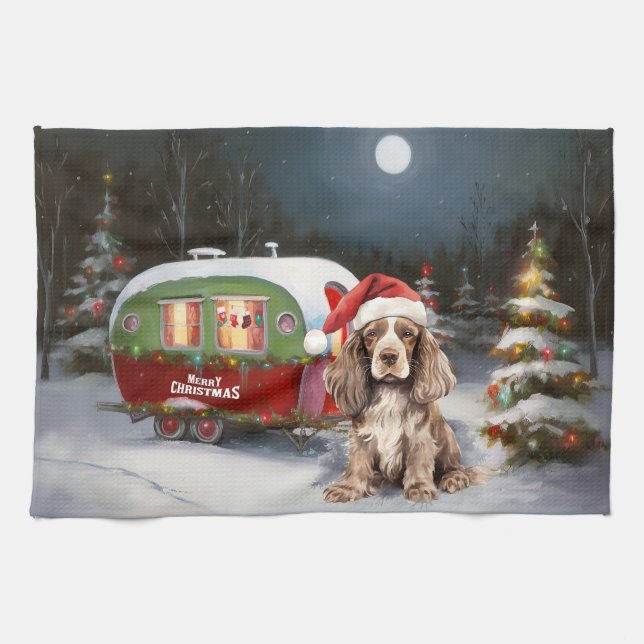 Linge De Cuisine Aventure de Noël de la caravane de Cocker Spaniel  (Horizontal)