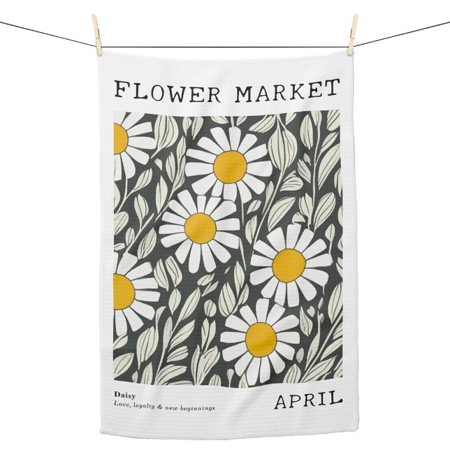 Linge De Cuisine Avril Fleur Marché Blanc Faisceau Floral Imprimer (Personalized April Birth Flower Market Kitchen Towel, Custom Floral Print Kitchen Towel, Daisy Print)