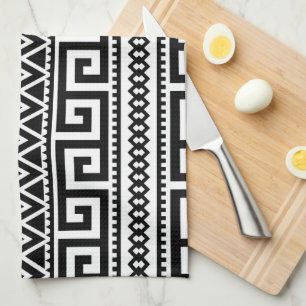 Linge De Cuisine Aztec Boho, Motif tribal géométrique noir blanc