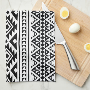 Linge De Cuisine Aztec Boho, Motif tribal géométrique noir blanc