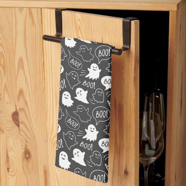 Linge De Cuisine B&W Cute Doodle Halloween Motif (Pliage en tiers)