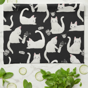 Linge De Cuisine Bad Cats Knocking Stuff Over, White Cats on Black