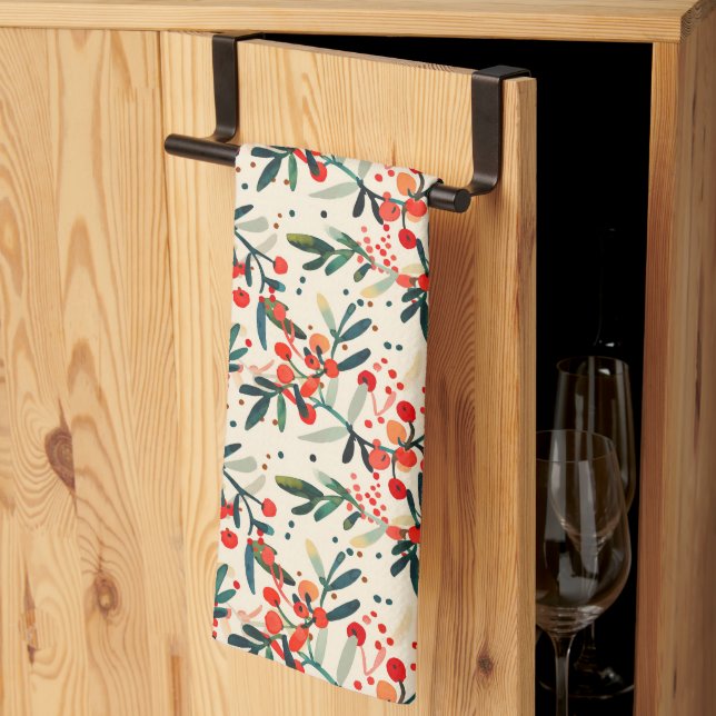 Linge De Cuisine Baies de houx rouges modernes de Noël (Pliage en tiers)