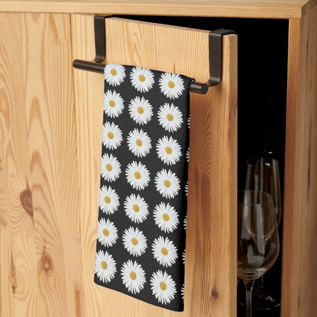 Linge De Cuisine Baise blanche sur motif floral noir (Pliage en tiers)