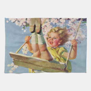 Linge De Cuisine Balançoire Vintage, Fille Se Balançant dans un Arb