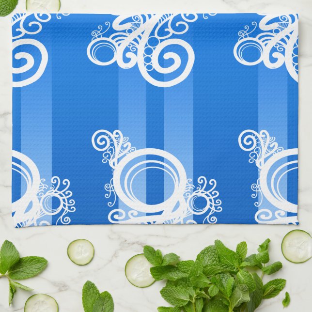 Linge De Cuisine Balançoires Blanches Art Nouveau Et Bleu Chic (Plié)