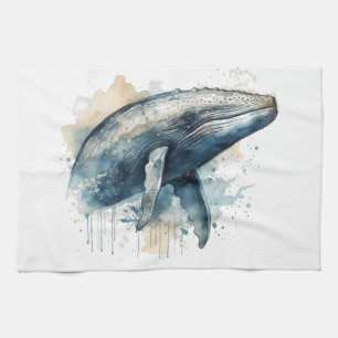 Linge De Cuisine baleine bleue nageant dans l'océan en aquarelle
