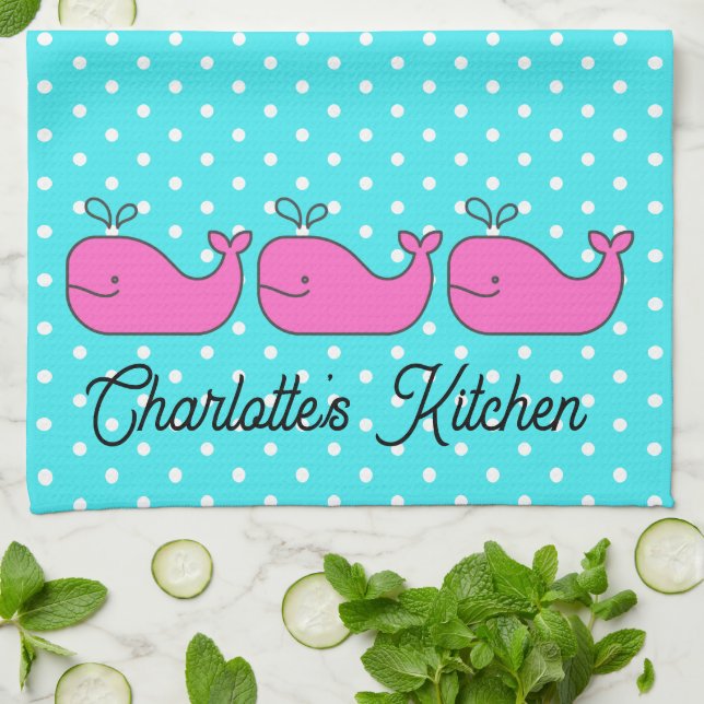 Linge De Cuisine Baleines roses et aqua marines Prépa (Plié)