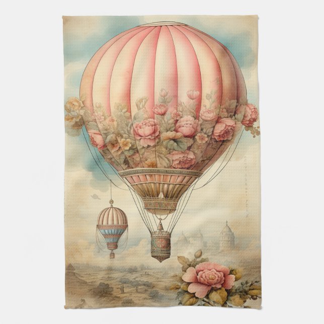 Linge De Cuisine Ballon à air chaud vintage Steampunk Rose Floral (Vertical)