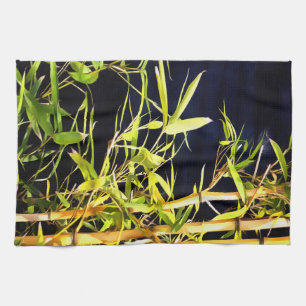Linge De Cuisine Bambou Foliage Art Tropical Sur Noir