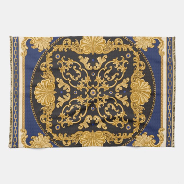 Linge De Cuisine Bandana Print : Black Blue Gold. (Horizontal)
