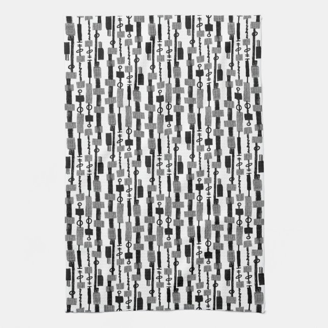 Linge De Cuisine Bande Abstraite - Noir sur Blanc (Vertical)