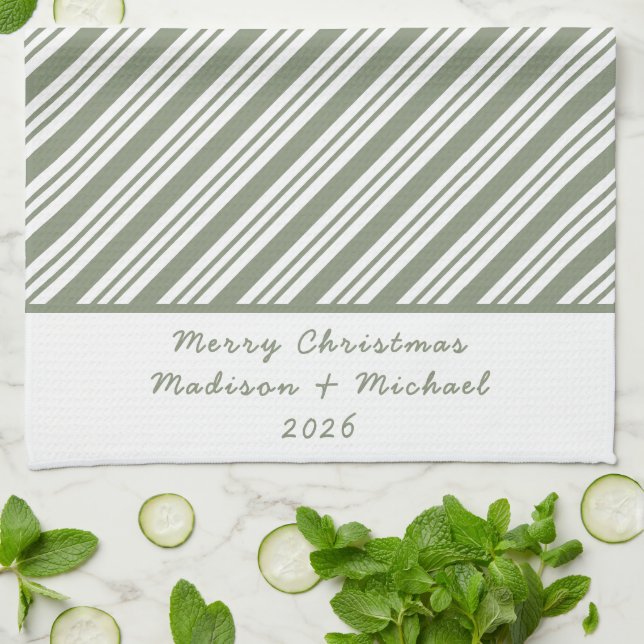 Linge De Cuisine Bande de bonbon vert rayé Fête de Noël (Plié)