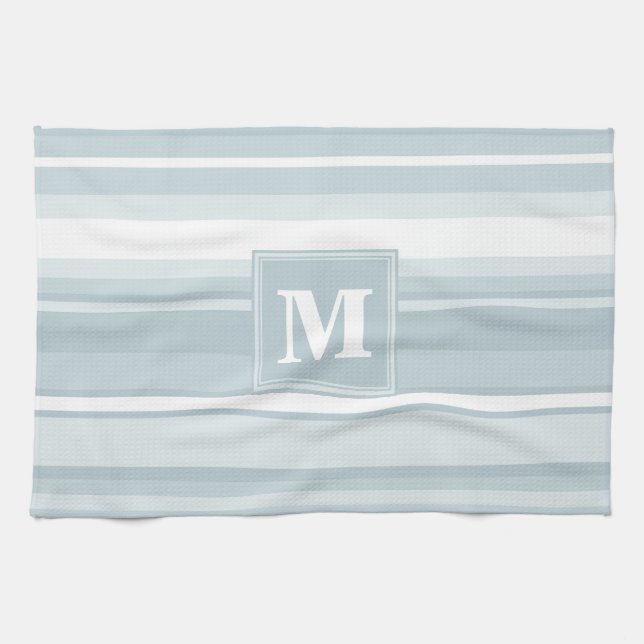 Linge De Cuisine Bandes bleu glace monogramme (Horizontal)