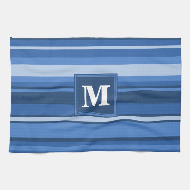 Linge De Cuisine Bandes bleu monogramme (Horizontal)