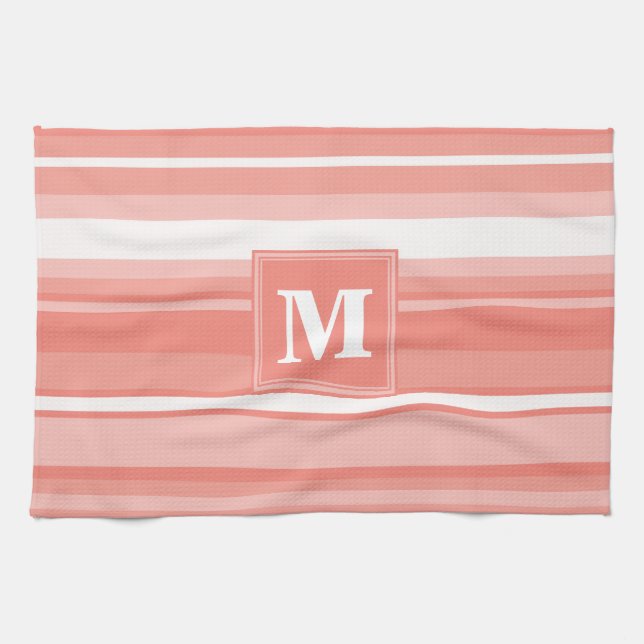 Linge De Cuisine Bandes de corail monogramme (Horizontal)