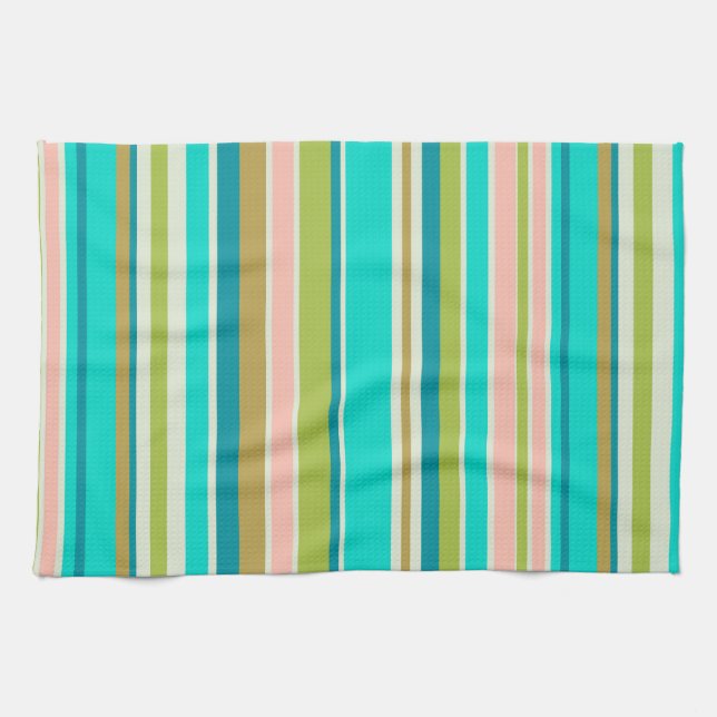 Linge De Cuisine Bandes de pêche et turquoise roses rétro-verticale (Horizontal)