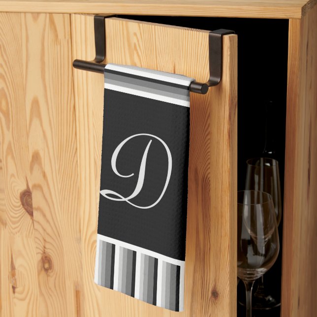 Linge De Cuisine Bandes modernes en noir, blanc et gris - Monogramm (Pliage en tiers)