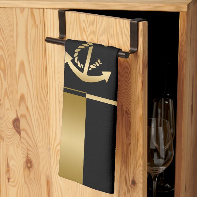 Linge De Cuisine Bandes noires et or avec Ancre nautique (Pliage en tiers)