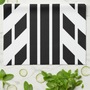 Linge De Cuisine Bandes quadrilatères noires sur fond blanc avec mo
