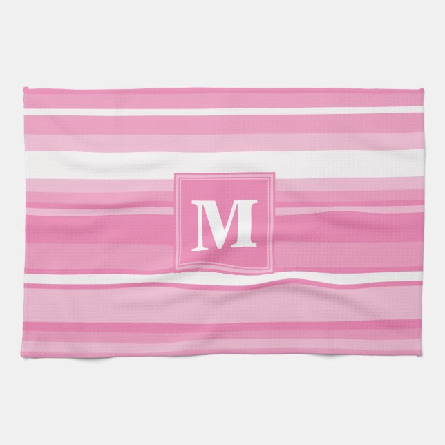 Linge De Cuisine Bandes rose monogramme (Horizontal)