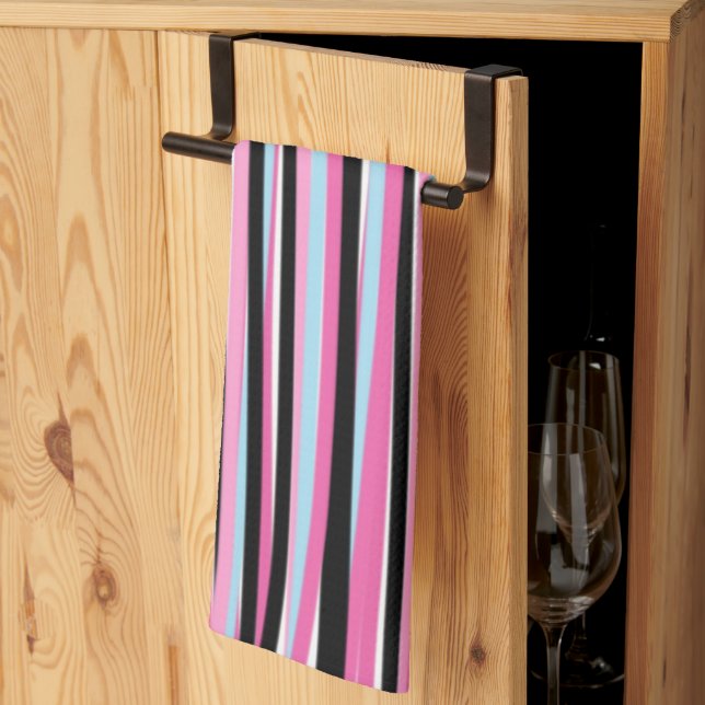 Linge De Cuisine Bandes verticales rose et noire (Pliage en tiers)