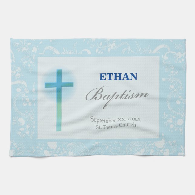 Linge De Cuisine Baptême de garçon au dentelle bleue (Horizontal)