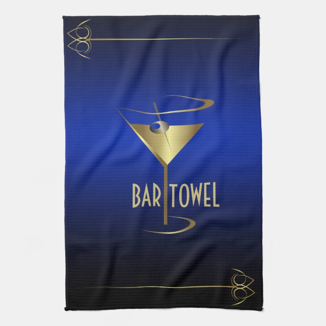 Linge De Cuisine Bar Towel Blue and Gold Cocktail Verre (Vertical)