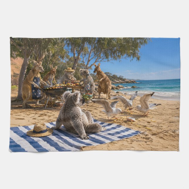 Linge De Cuisine Barbecue de plage aux kangourous et koalas (Horizontal)
