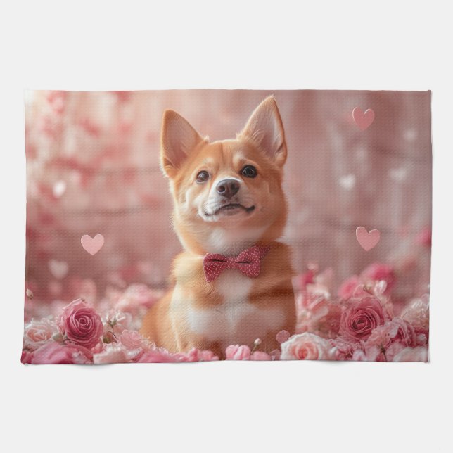 Linge De Cuisine Basenji avec des roses - Saint-Valentin (Horizontal)