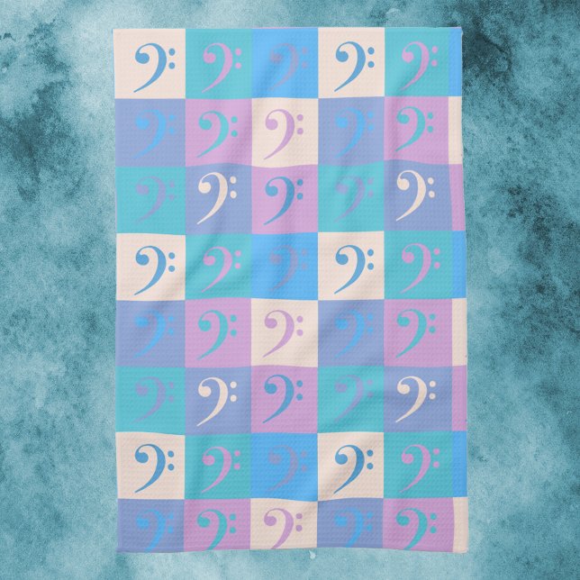 Linge De Cuisine Bass Clef Musique Motif Pastel Couleurs (A kitchen towel with a pattern of bass clef symbols in pastel colors.)