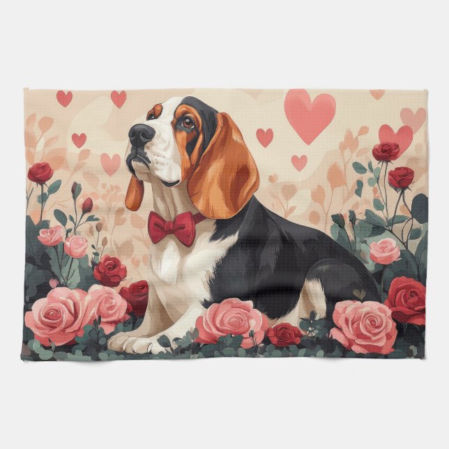 Linge De Cuisine Basset Hound avec des Roses - Saint-Valentin  (Horizontal)