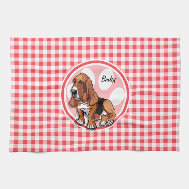 Linge De Cuisine Basset Hound ; En vichy rouge et blanc (Horizontal)