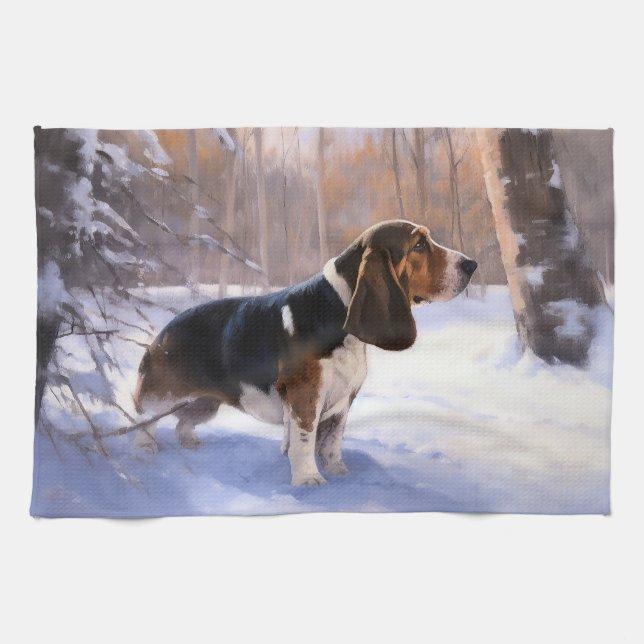 Linge De Cuisine Basset Hound Laisser neiger Noël (Horizontal)