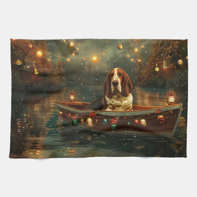 Linge De Cuisine Basset Hound Noël Festive Voyage (Horizontal)