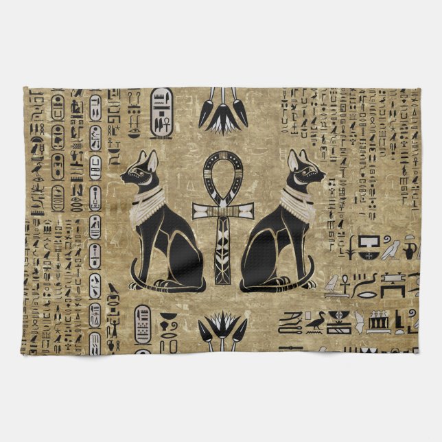 Linge De Cuisine Bastet - Chats Égyptiens Et Croix D'Ankh (Horizontal)