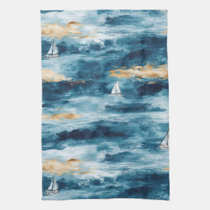 Linge De Cuisine Bateau à voile sarcelle bleu motif vague côtière