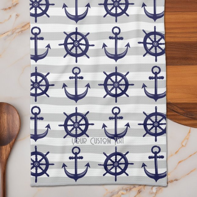 Linge De Cuisine Bateau bleu marine Ancre Roue nautique rayé (Créateur téléchargé)