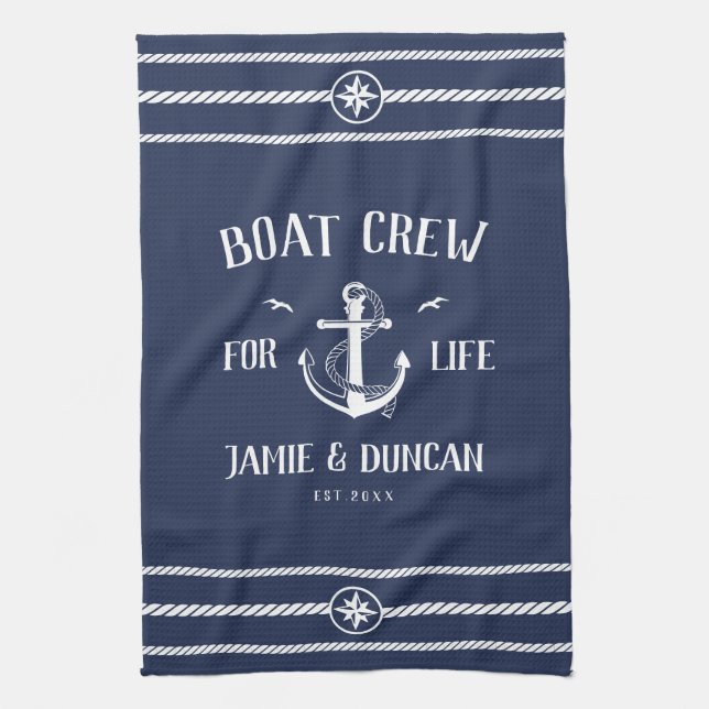 Linge De Cuisine Bateau Crew For Life Nautique Moderne Nom Personna (Vertical)