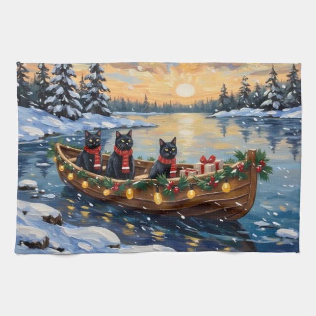 Linge De Cuisine Bateau de Noël de Chat Noir pour les Fêtes (Horizontal)