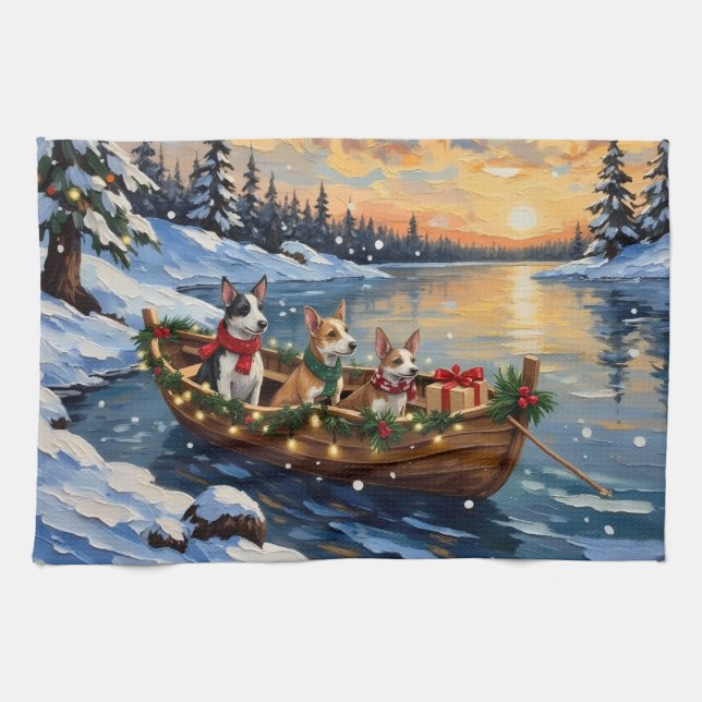 Linge De Cuisine Bateau de Noël de Rat Terrier pour les Fêtes (Horizontal)